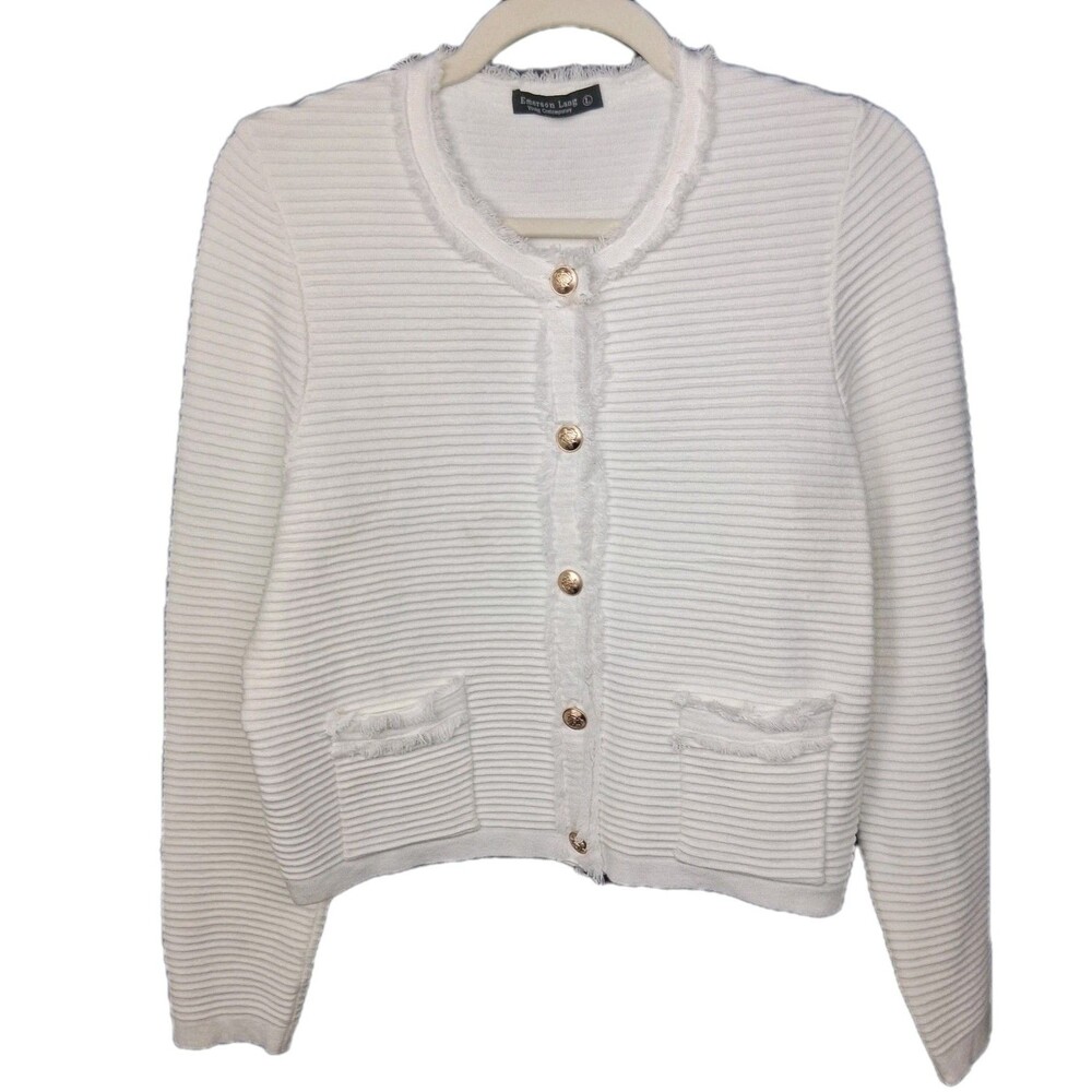 Ribbed Fringed Trim Button Front Cardigan Emerson Lang Size L  Timeless Classic